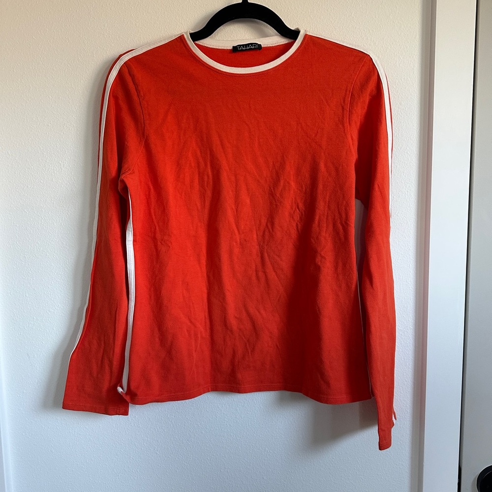 Tahari Orange Long Sleeve Top with White Trim/Piping